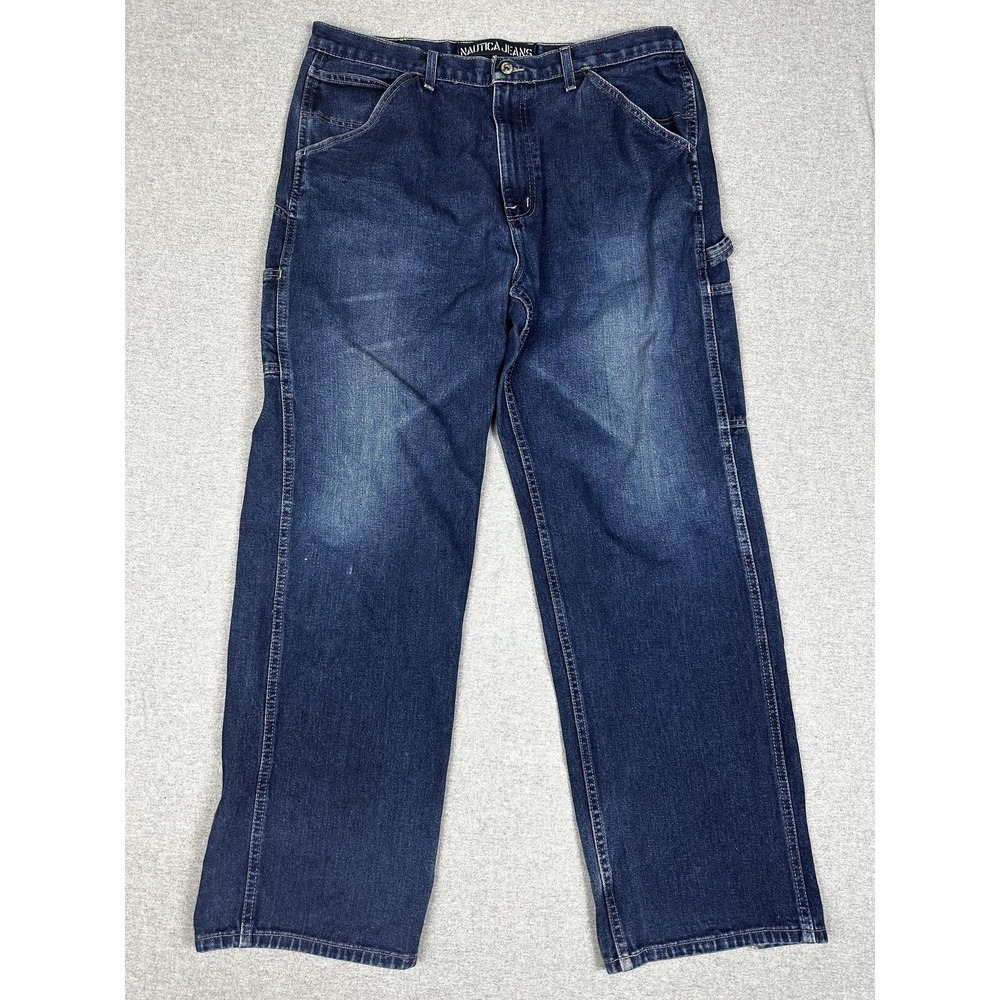 VTG Nautica Jeans Mens 38x34 Blue Denim Carpenter Hammer Loop Workwear Baggy Y2K